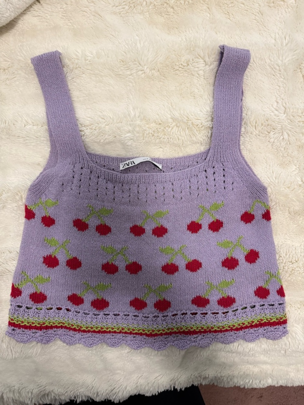 Zara Lilac Knit Crop Tank with Red Cherry Motif
